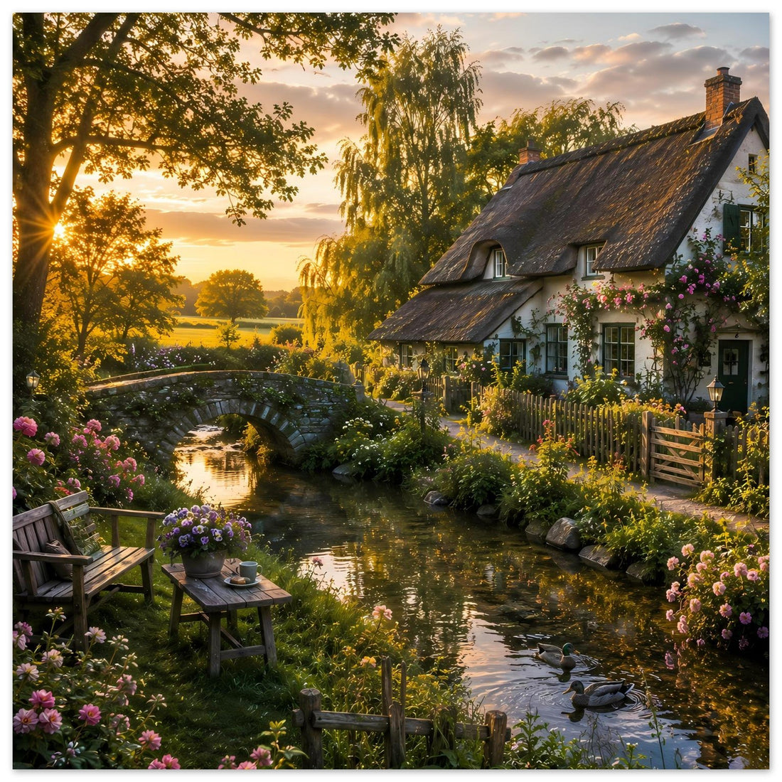 Romantisches Reetdachhaus am Kanal mit Steinbrücke – Poster