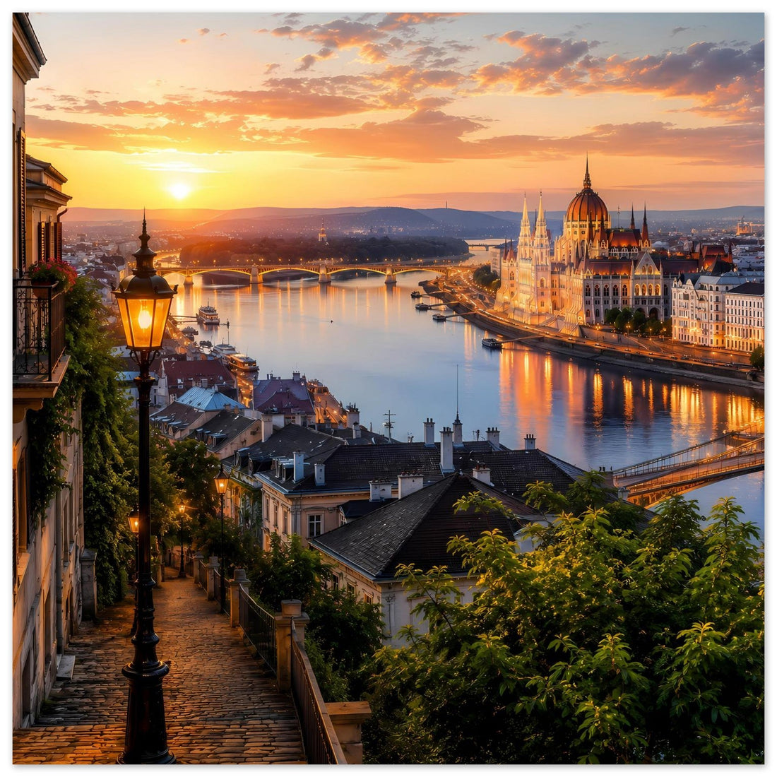 Historische Stadt mit Brücke und Kathedrale als Wandposter