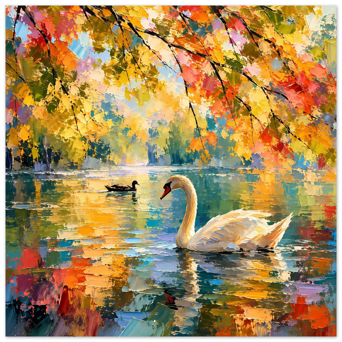 Weißer Schwan am See mit leuchtendem Herbstlaub – Naturposter