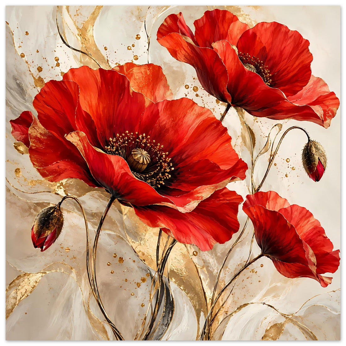 Rote Mohnblumen mit goldenen Akzenten – Elegantes Blumenposter