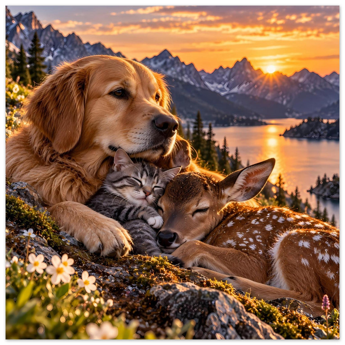 Hund, Katze und Reh im Sonnenuntergang als Wandposter