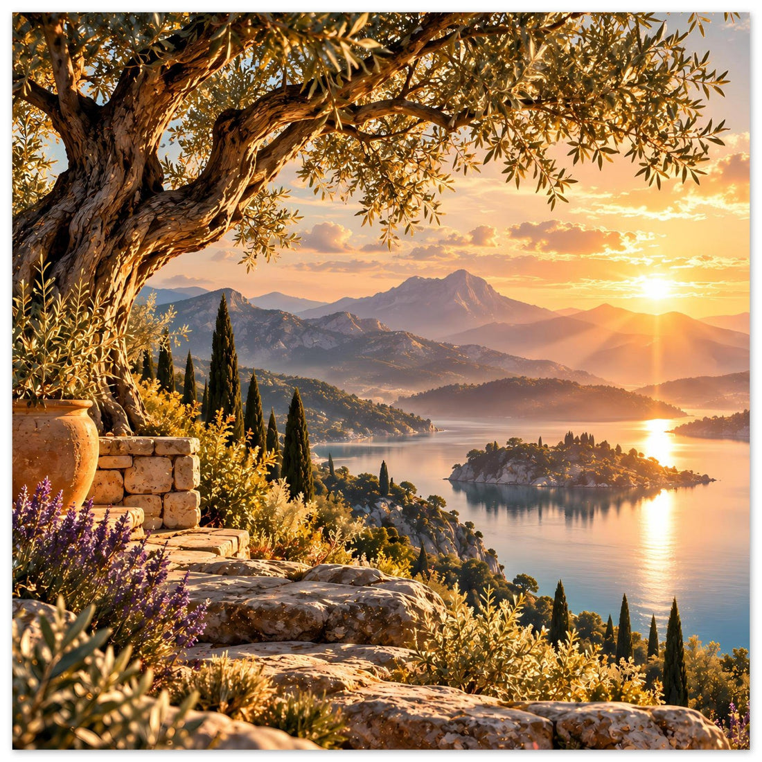 Mediterraner See mit Zypressen im Sonnenuntergang – Poster