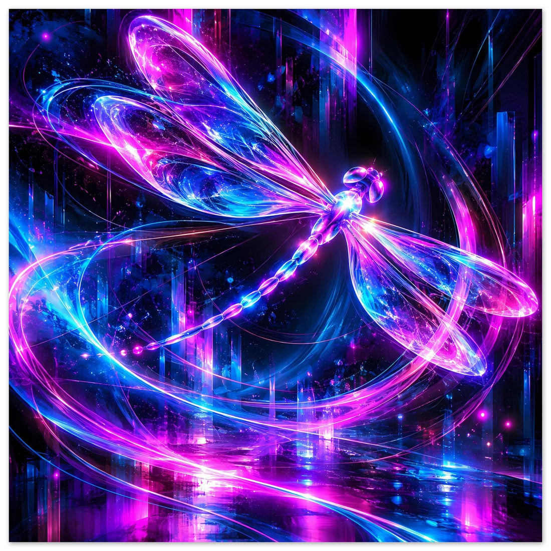 Leuchtende Neon-Libelle in Magenta und Blau – Fantasy-Poster