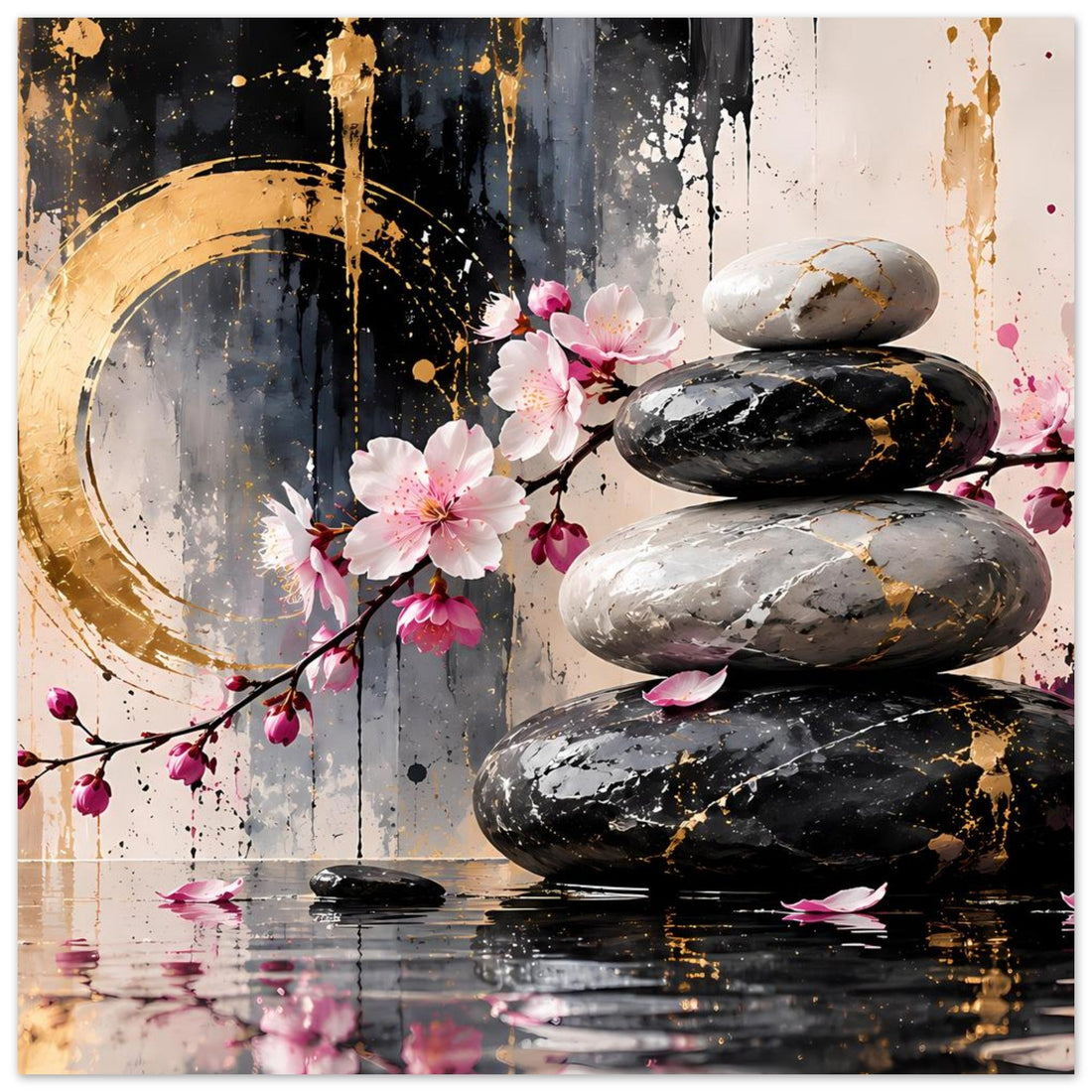Zen Steine Poster mit rosa Kirschblüten – Schwarz und Gold