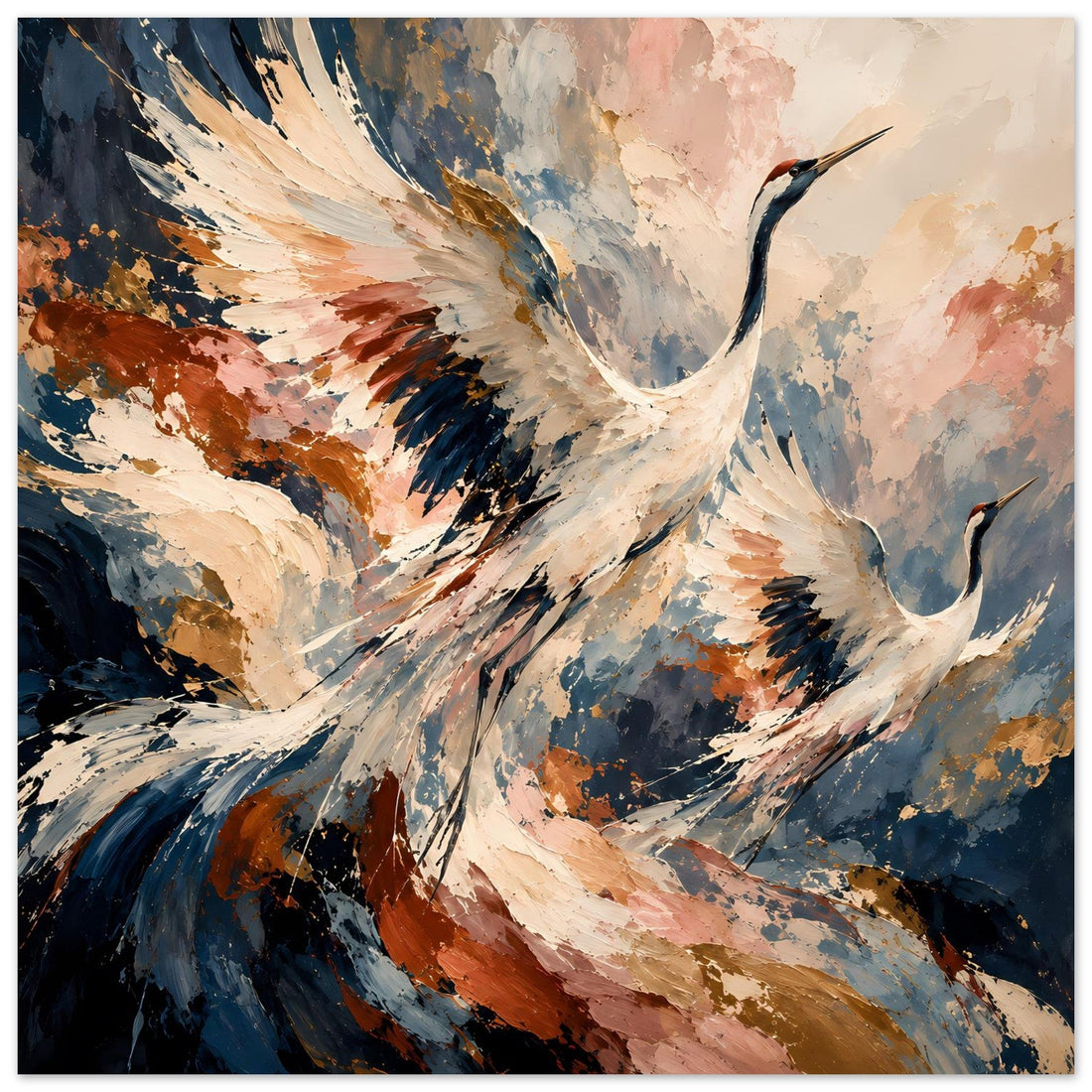 Fliegende Kraniche in Terrakotta und Blau Poster