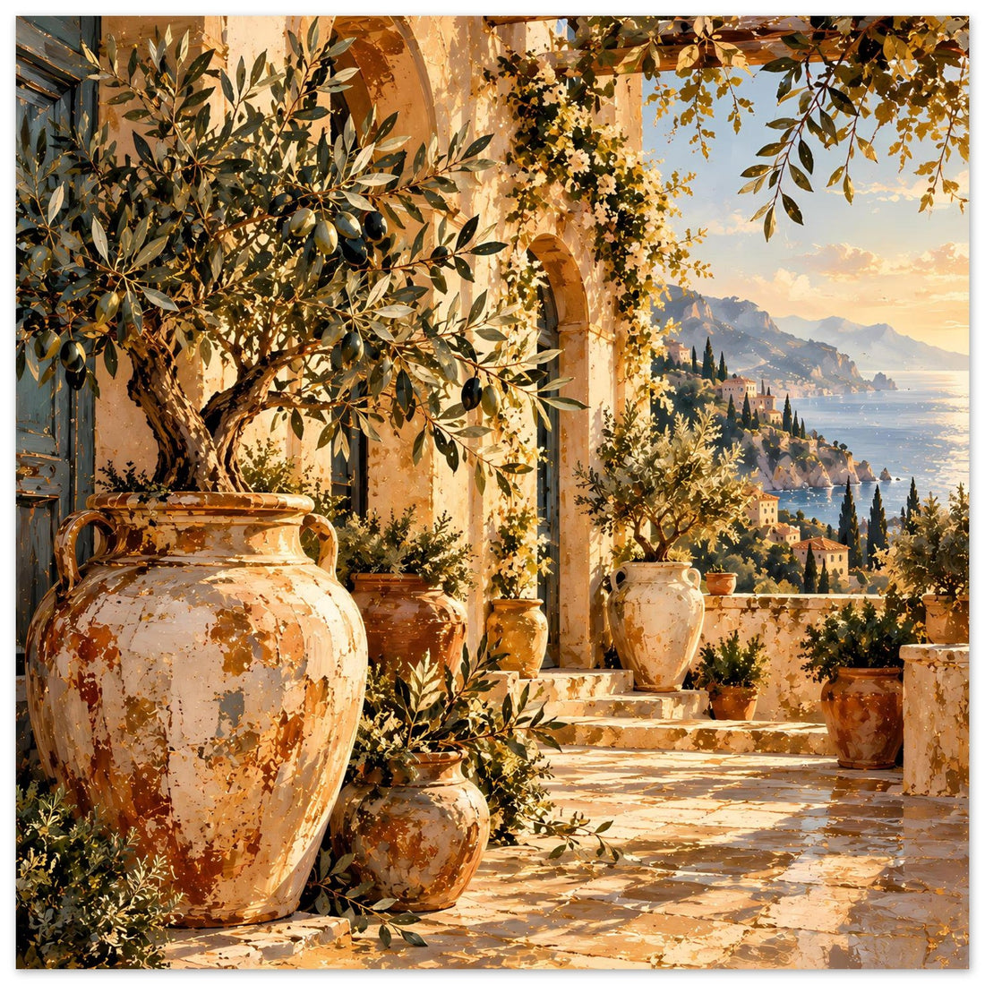 Mediterrane Terrasse mit Keramikvasen – Poster