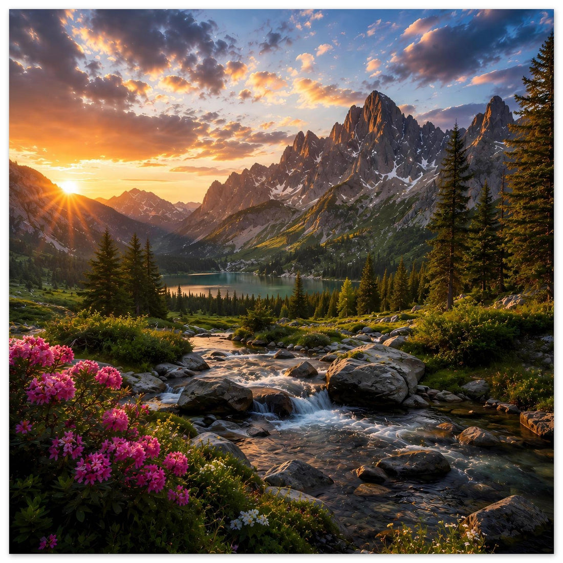Bergtal mit Wildbach im Sonnenaufgang als Wandposter