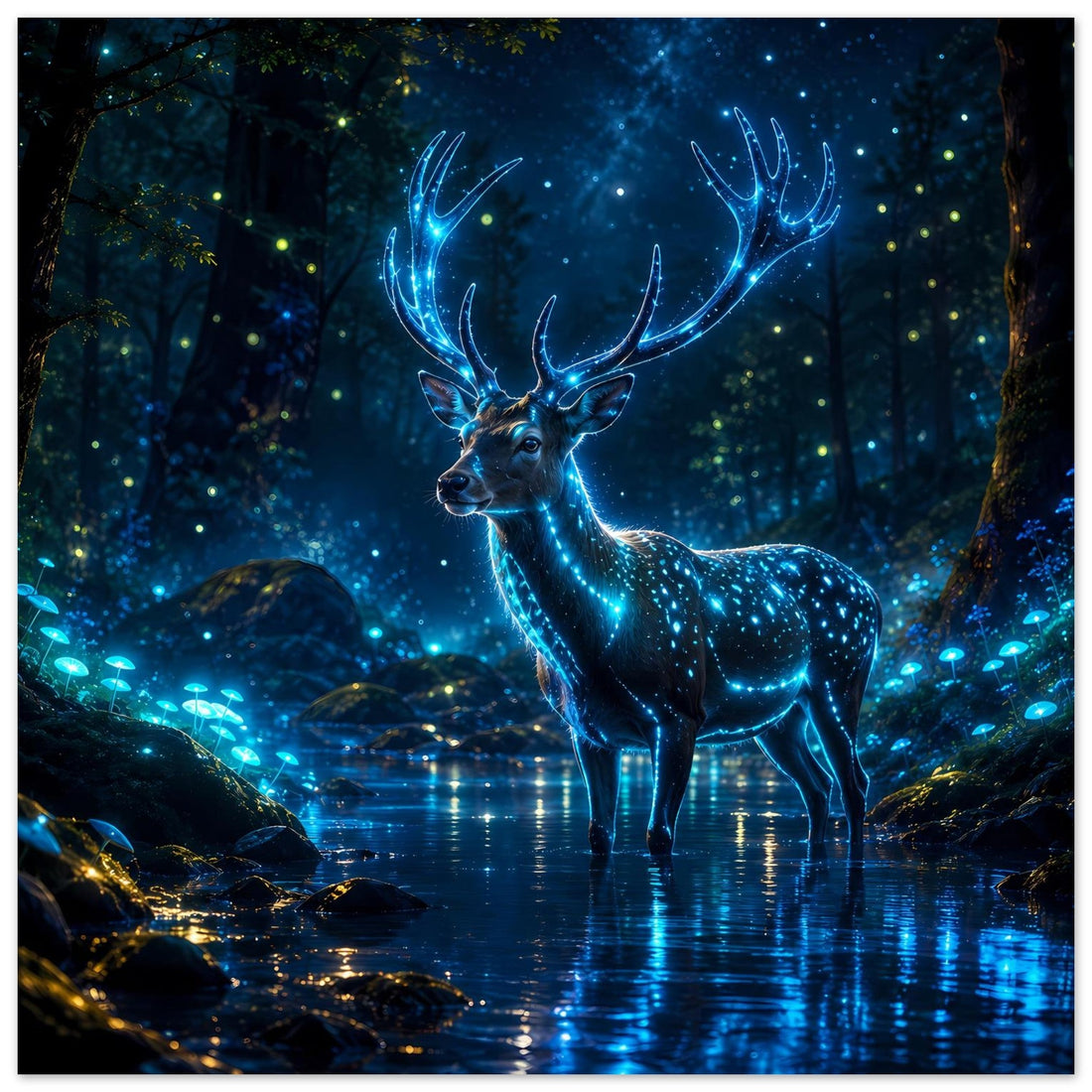 Leuchtender Hirsch im geheimnisvollen Wald als Poster