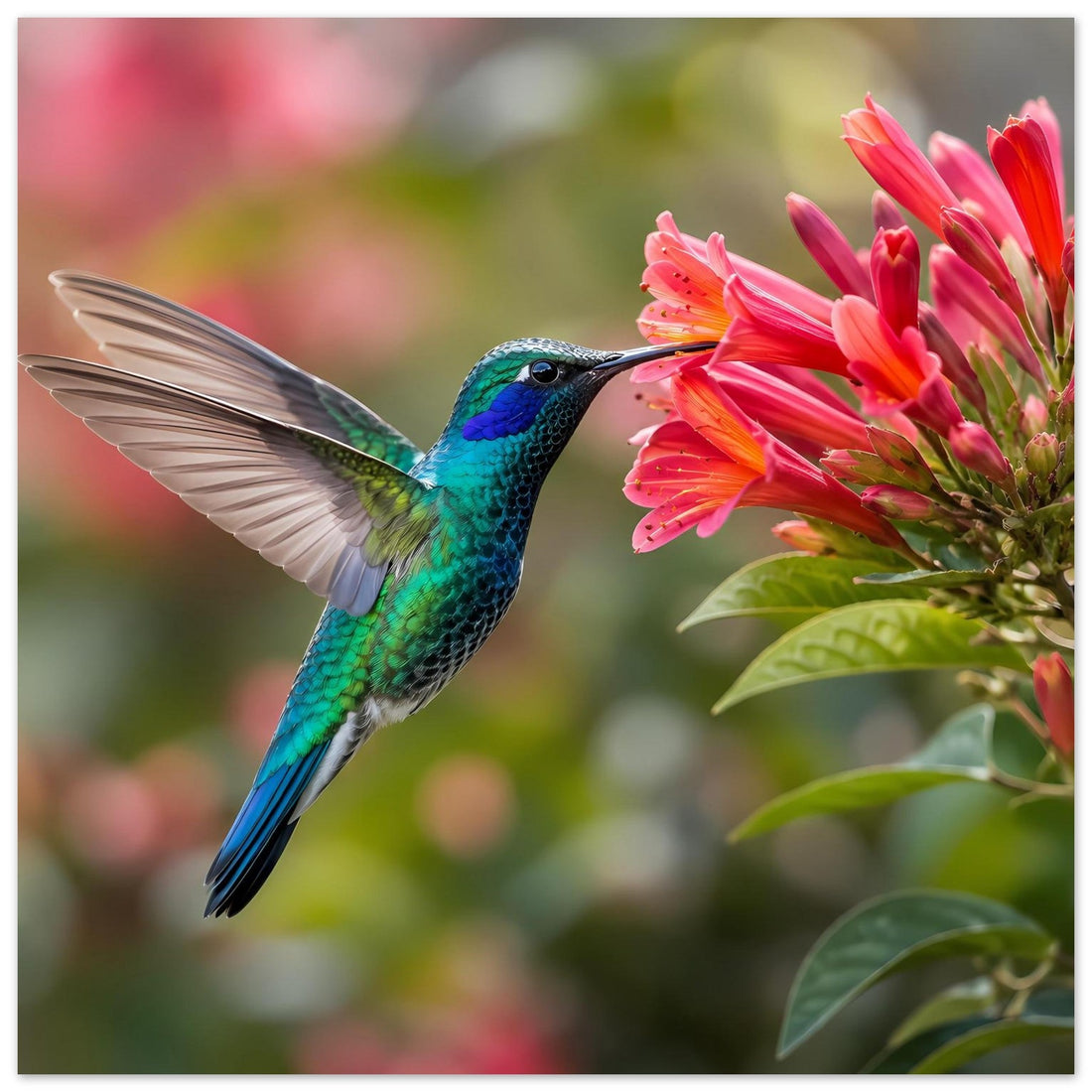 Kolibri und Blüten als lebendige Naturkunst als Poster