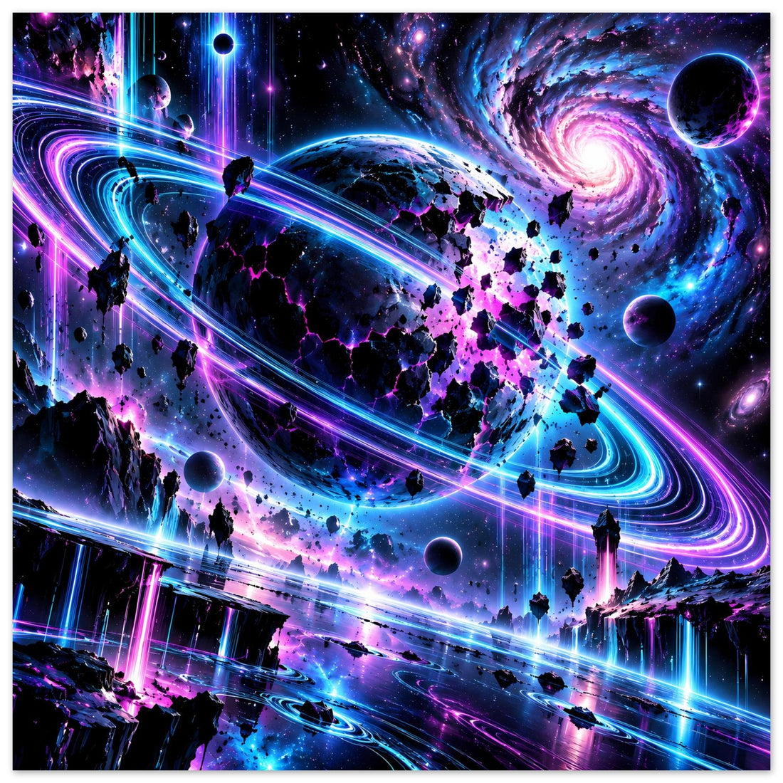 Neon-Spiralgalaxie mit Raketen