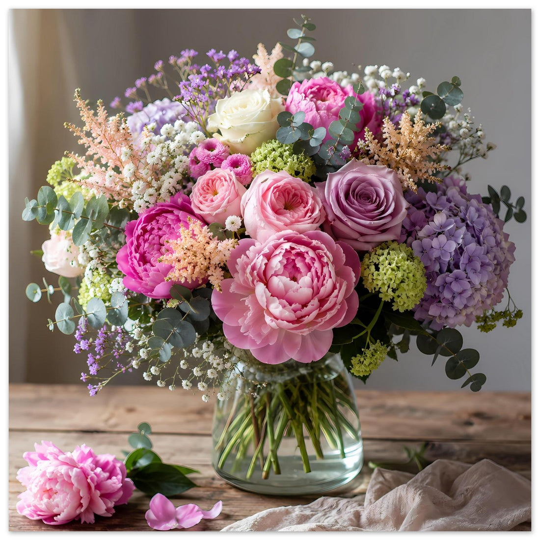 Pastellfarbener Blumenstrauß in Glasvase – Florales Poster