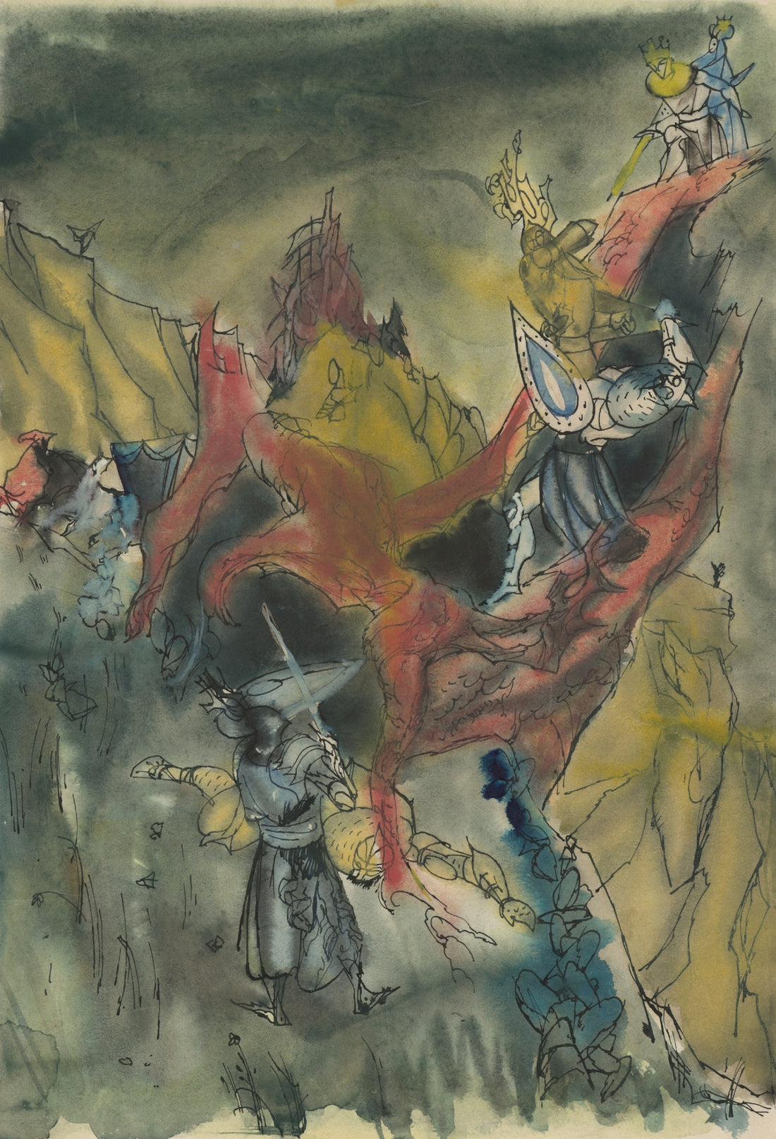 Fantasy scene with knights and mythical creatures