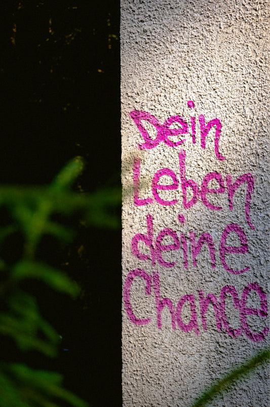 Pink graffiti on textured wall reads dein leben deine chance