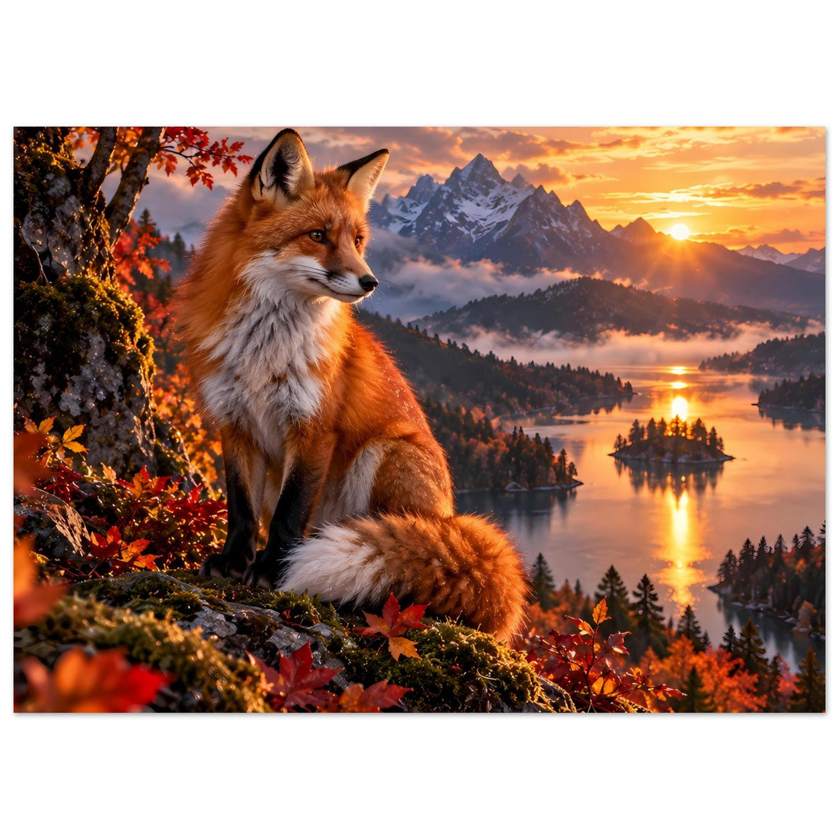 Poster mit rotem Fuchs im Herbstwald, Blick auf See, Berge und goldenen Sonnenuntergang