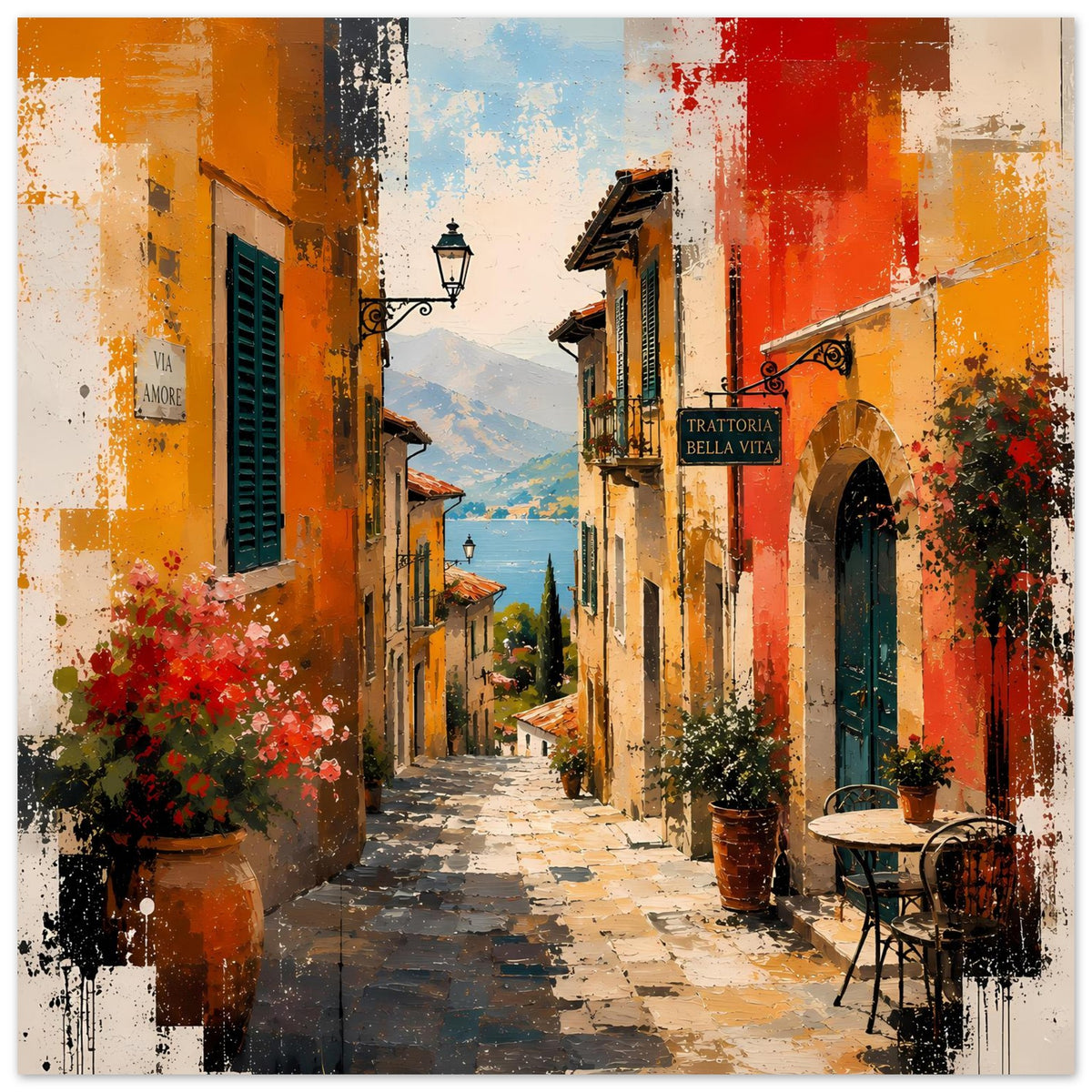 Mediterranes Wandposter Hochformat mit warmen Sunset-Farben, Blumen an Fenstern und Bistrotisch rechts