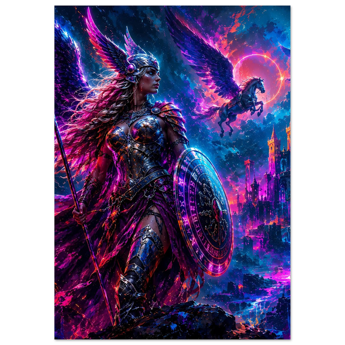 Fantasy-Poster im Hochformat: Valkyrie mit Schild und Speer, magische Wolken und Burg