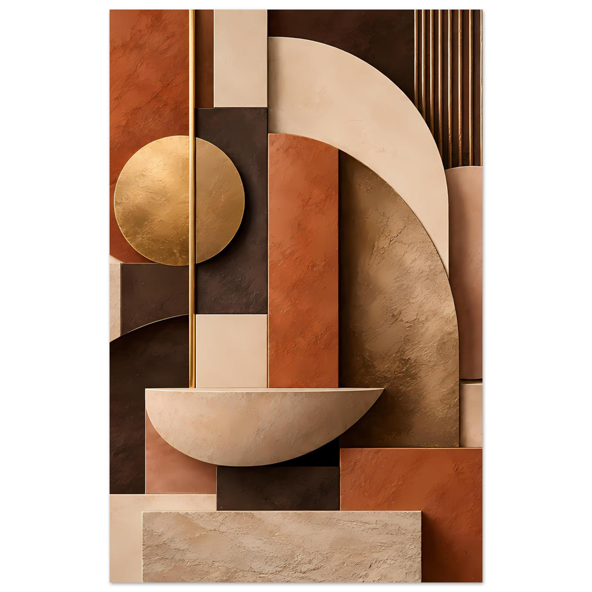 Kunstposter mit Goldkreis und großen Bögen, dazu Blockfelder in Terrakotta und Beige