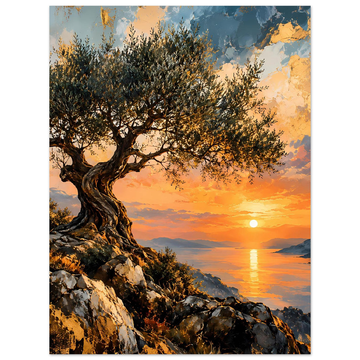 Poster im Hochformat mit Olivenbaum, Felsküste und orangefarbenem Sonnenuntergang