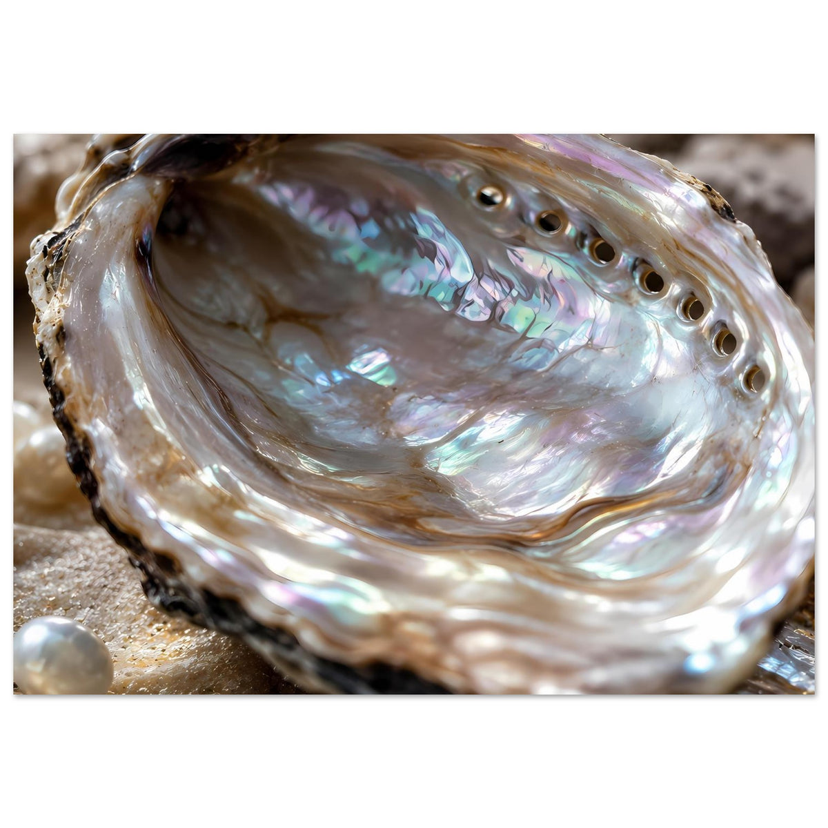 Poster mit Abalone-Muschel, perlmuttglänzende Schale mit braunem Rand und feinen Löchern