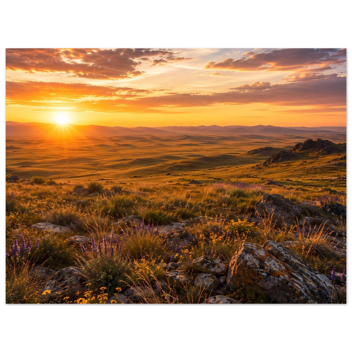 Querformat-Poster: Sonnenuntergang über weiten Hügeln, Gras und Felsen im Vordergrund