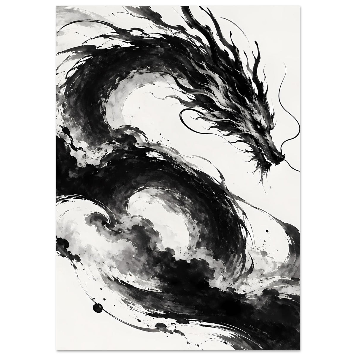 Poster mit schwarz-weißer Drachenillustration, Ausschnitt von Kopf und Krallen