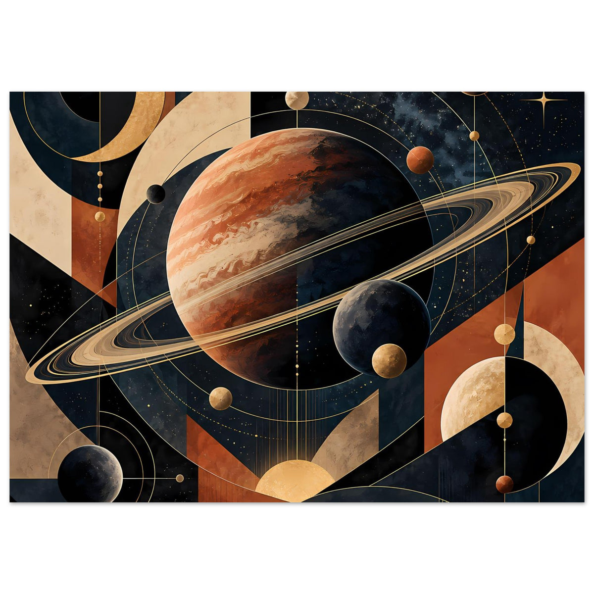Horizontales Weltraum-Poster mit großer Planetengrafik, goldenen Ringen und dunklen Kugelplaneten