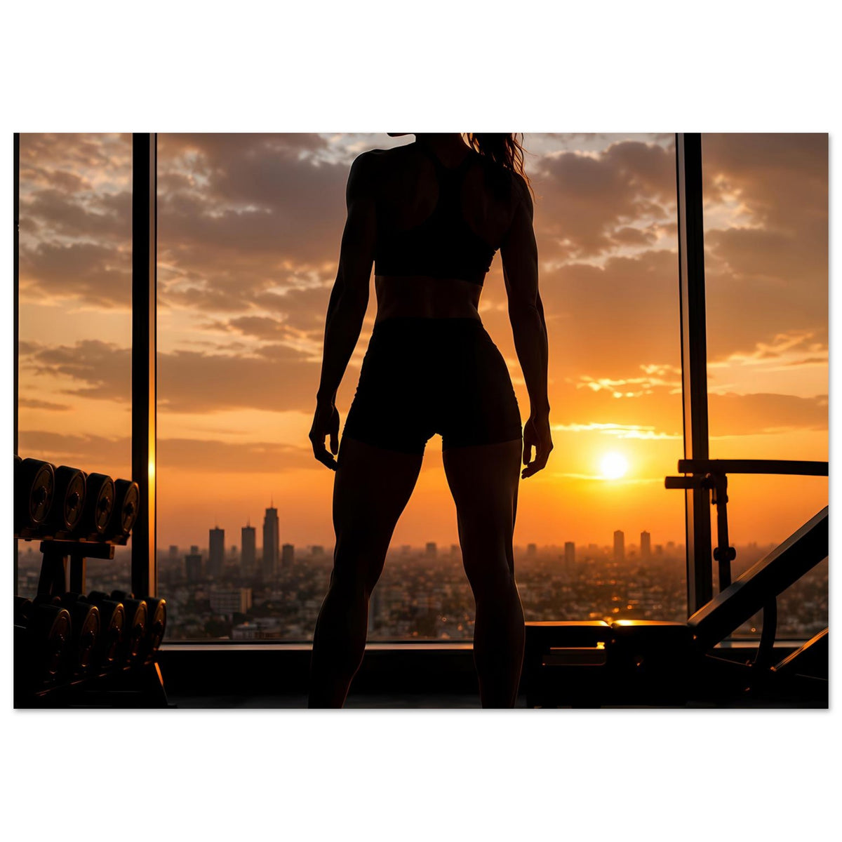 Fitness-Poster, quer: Silhouette einer Frau in Sporttop und Shorts, dynamische Pose