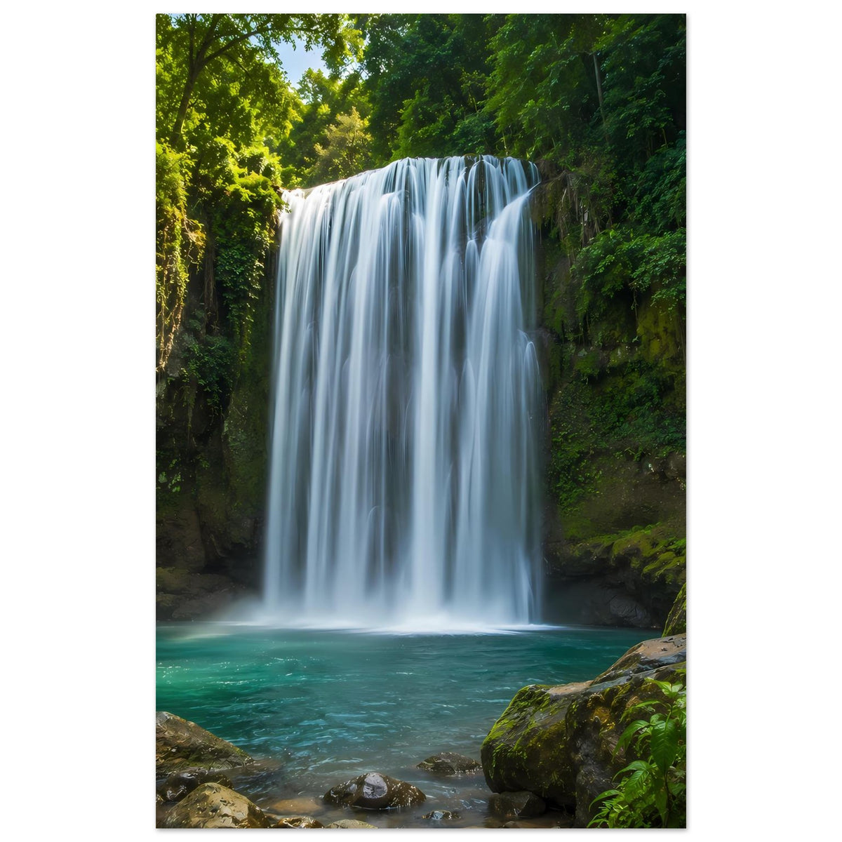 Wandposter: Wasserfall zentral, grüne Fels- und Pflanzenränder, türkisfarbenes Becken