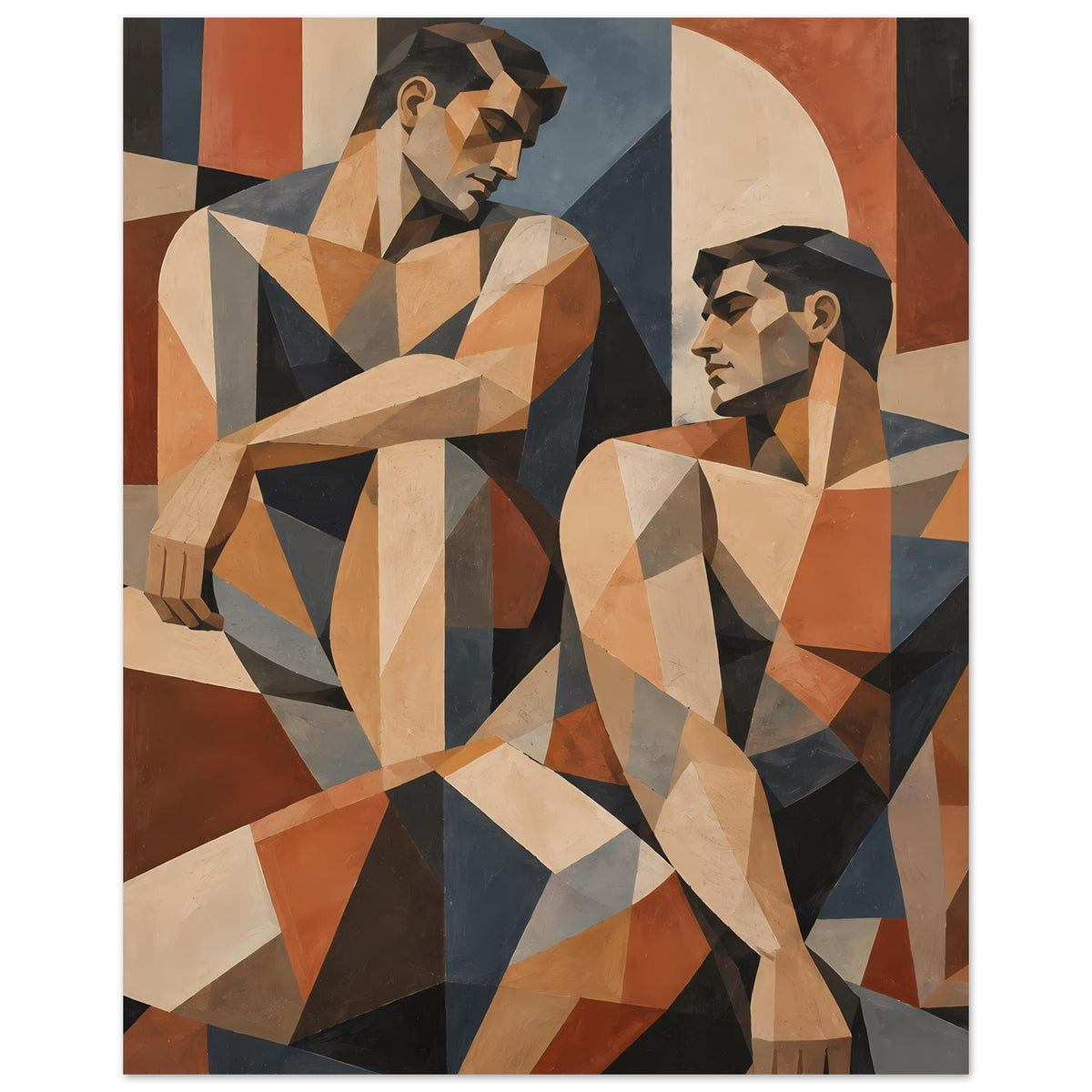 Geometrisches Kunstposter mit zwei Figuren mit verschränkten Armen, warme Erdtöne und Beige