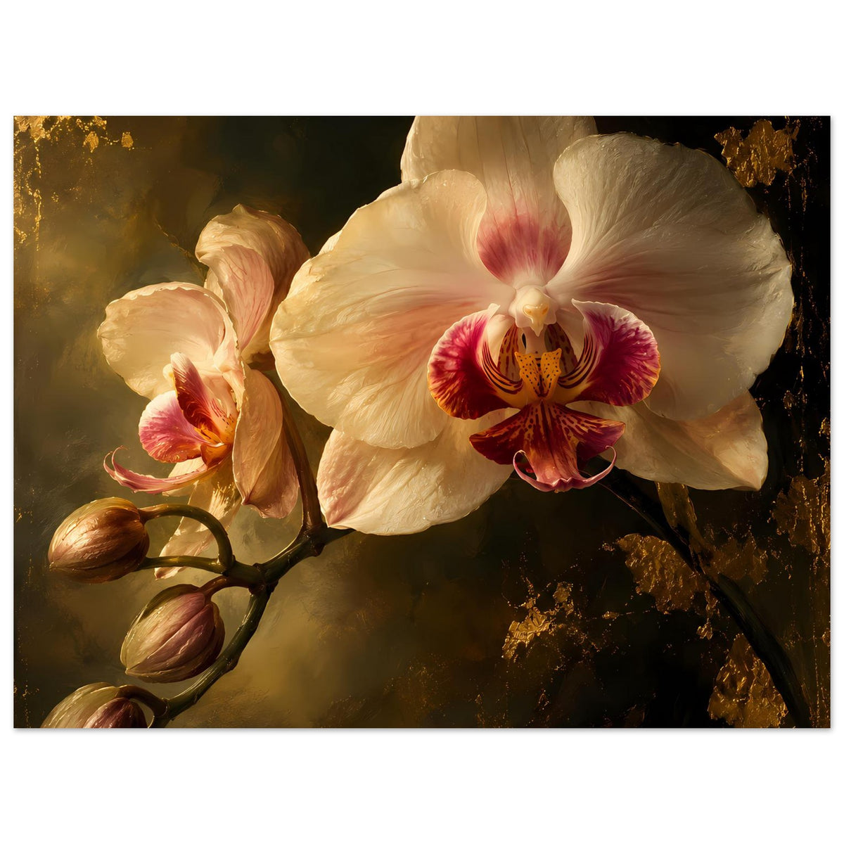 Orchideenposter mit zentraler cremeweißer Orchideenblüte, rosarotem Zentrum und Ästen