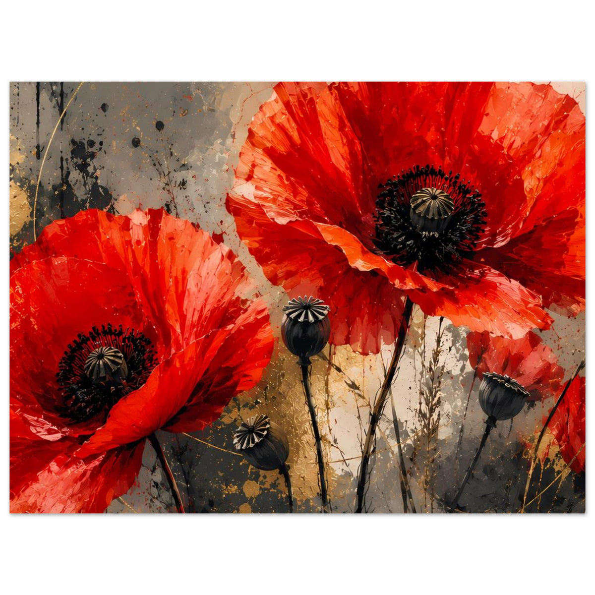 Kunstdruck mit roten Mohnblumen, mehrere Köpfe und Stängel vor hellem Pinselgrund