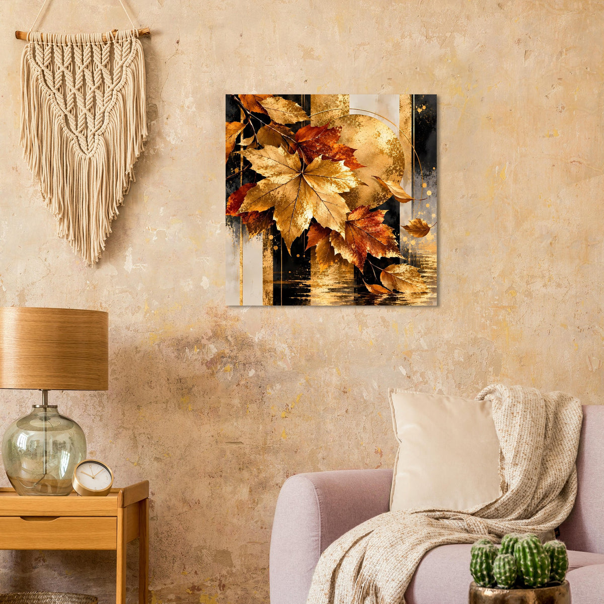 Herbst-Poster mit Ahornblatt-Motiv, goldbraunem Lichtbogen und dunklem Hintergrund