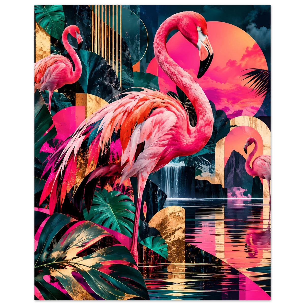 Poster im Hochformat: Flamingos mit Pinkfedern und tropischem Laub im bunten Hintergrund
