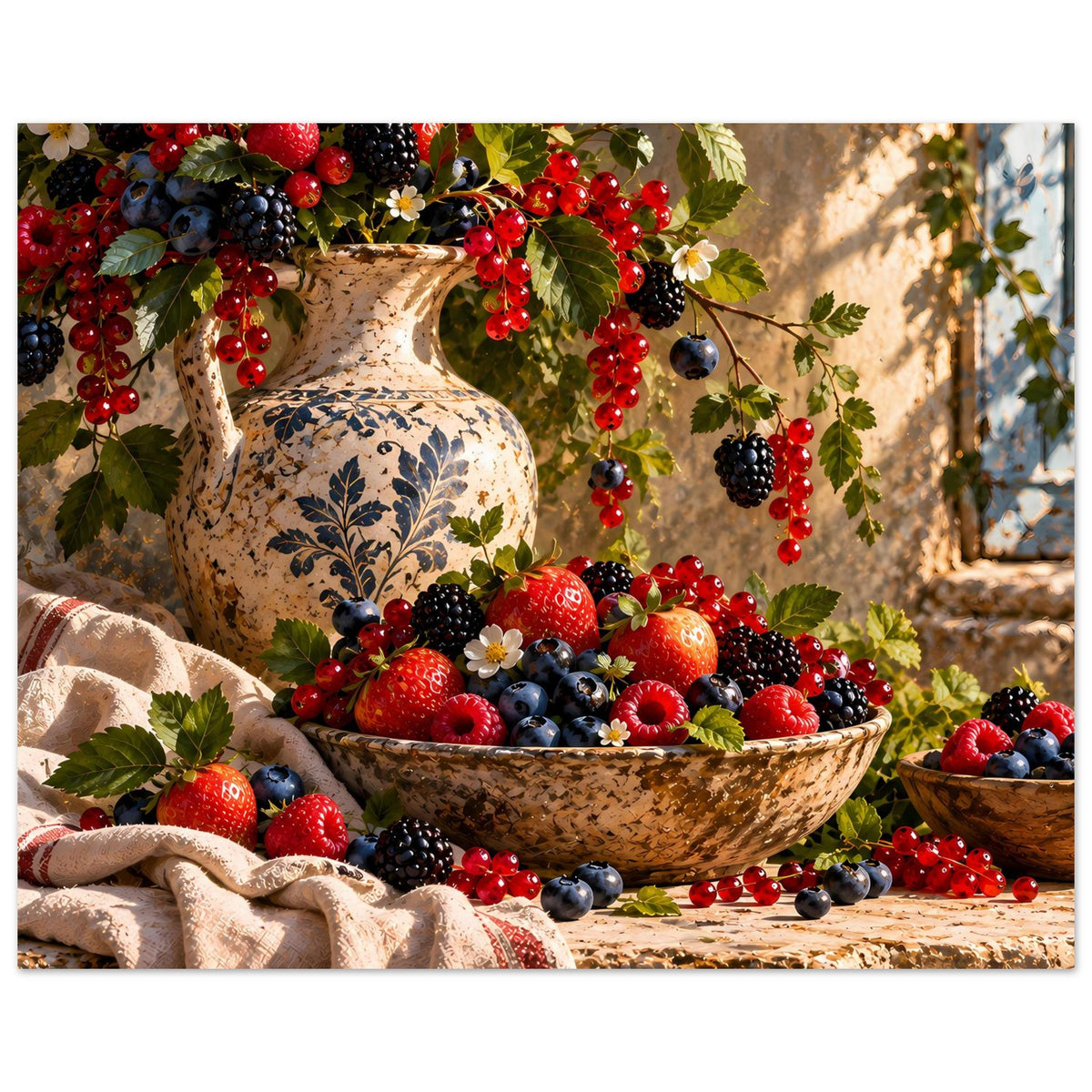 Beeren-Stillleben-Poster: Schale voller Erdbeeren, Blaubeeren und Granatapfel-ähnlicher Früchte