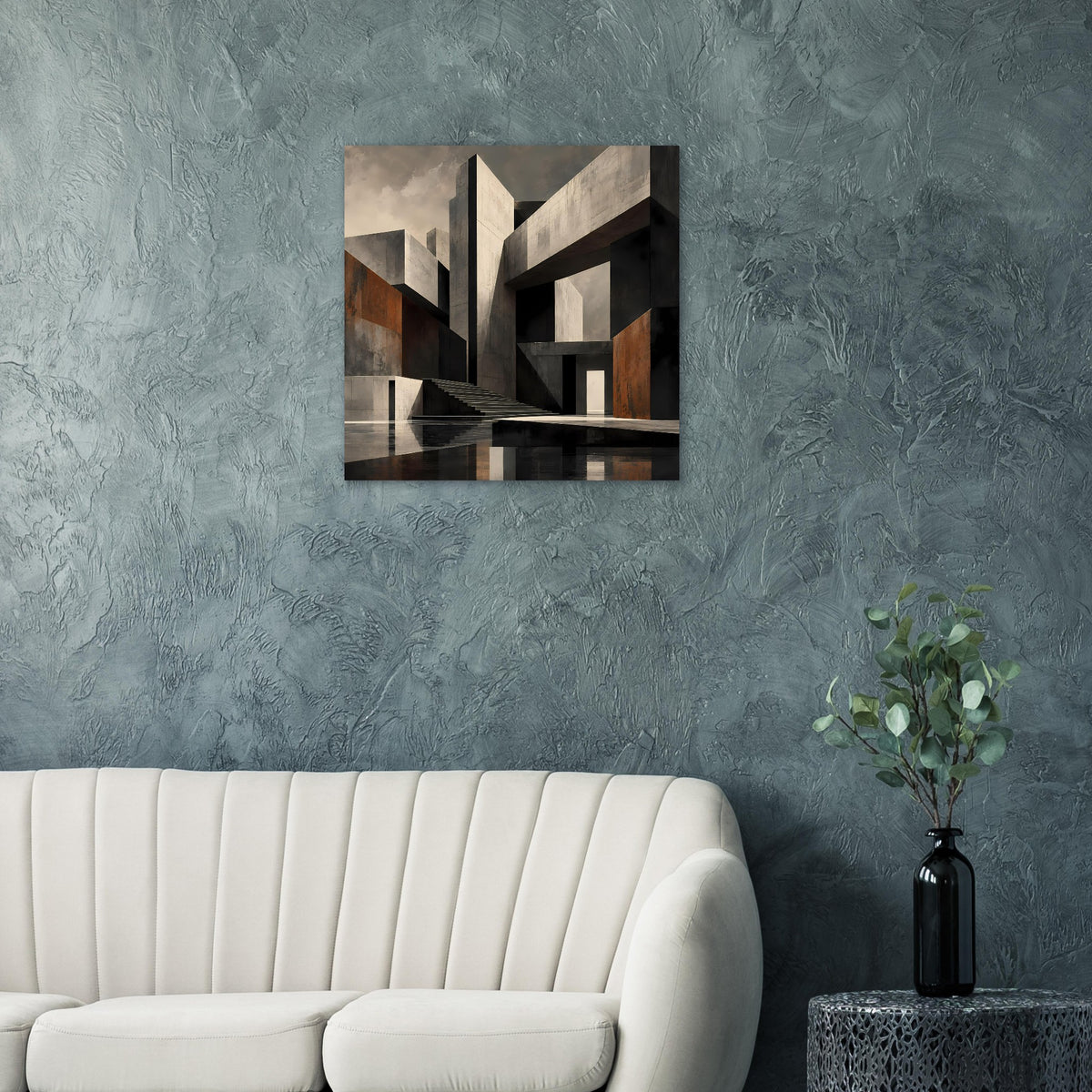 Abstraktes Architekturposter mit schwarzen und grauen Strukturen, Akzenten in Beige und Braun