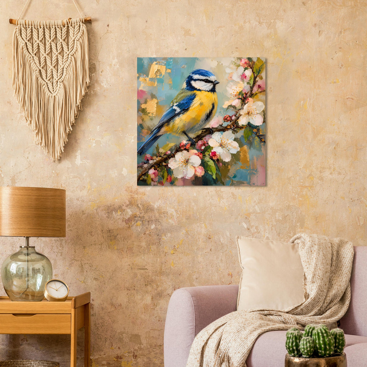 Wandposter mit blau-gelbem Vogel und Frühlingsblüten am Zweig, quadratisch