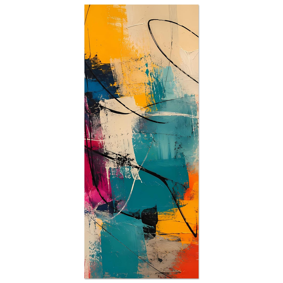 Abstraktes Kunstposter im Hochformat mit Farbverläufen und schwarzen Linien in Orange-Blau-Pink