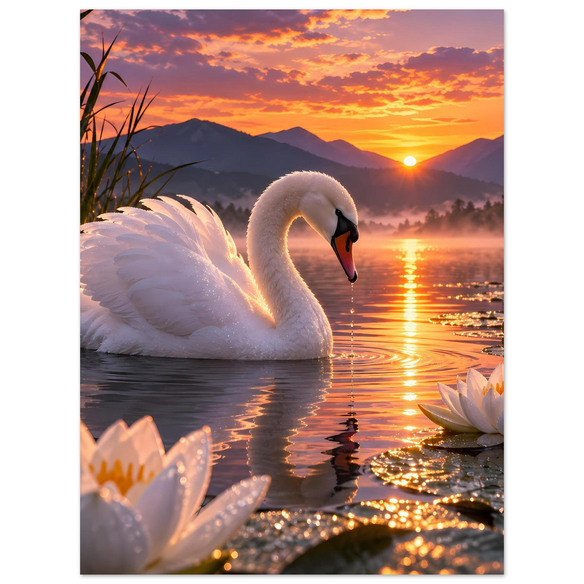 Poster mit weißem Schwan auf ruhigem Wasser zwischen Seerosen im Sonnenuntergang