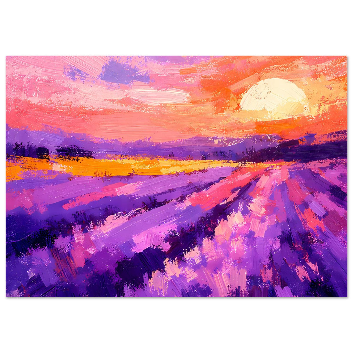 Horizontales Poster mit lila Feld, Sonnenuntergang und großer gelber Sonne, Pinselstriche