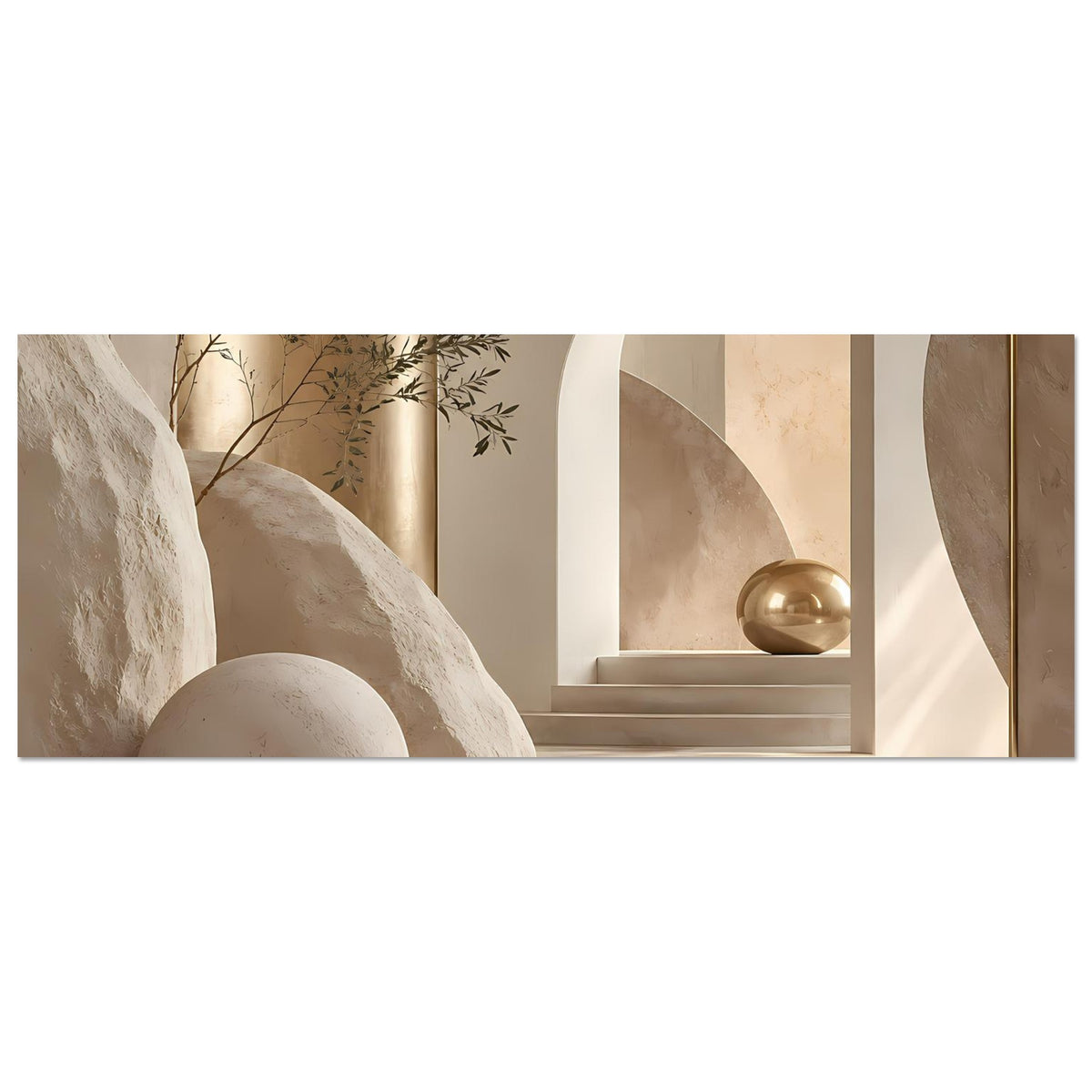 Horizontales Architekturposter: Rundbogen und Treppenstufen, Kugel-Dekor in Sand-Gold