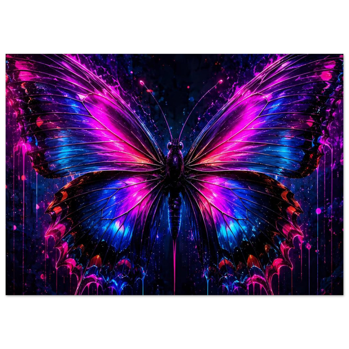 Neon-Schmetterlingsposter mit zentralem Schmetterling in Violett und Blau, horizontal