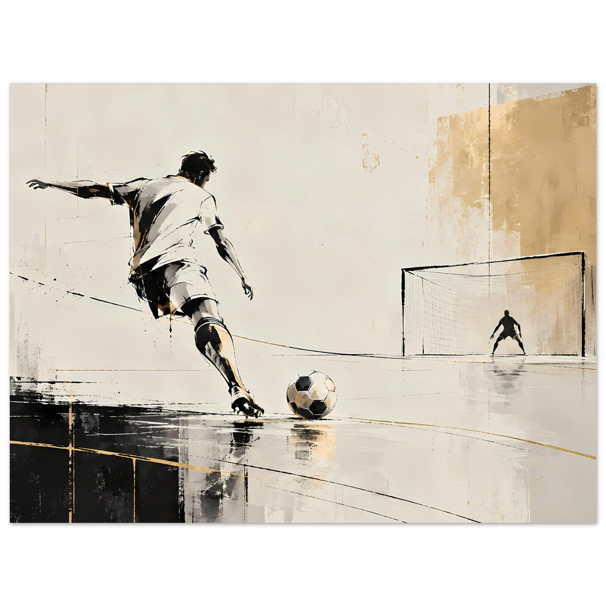 Fußballposter mit Spieler in Weiß, Ball vor dem Tor, abstrakte Linien im Spielfeld