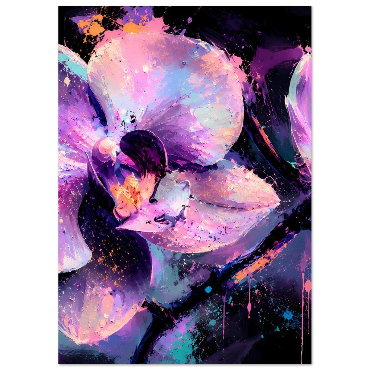 Neon-Orchideenblüten-Poster mit leuchtenden Violett- und Pinktönen sowie Farbklecksen