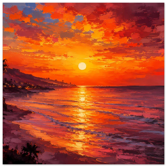 Poster mit Sonnenuntergang am Meer, orange-rote Wolken und goldene Lichtspur