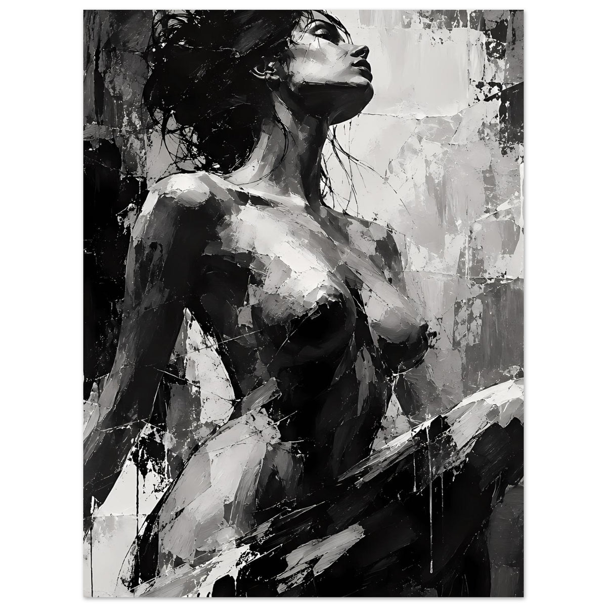 Kunstdruck Frauenakt-Porträt in Schwarzweiß mit Blick nach oben und abstrakten Pinselstrichen