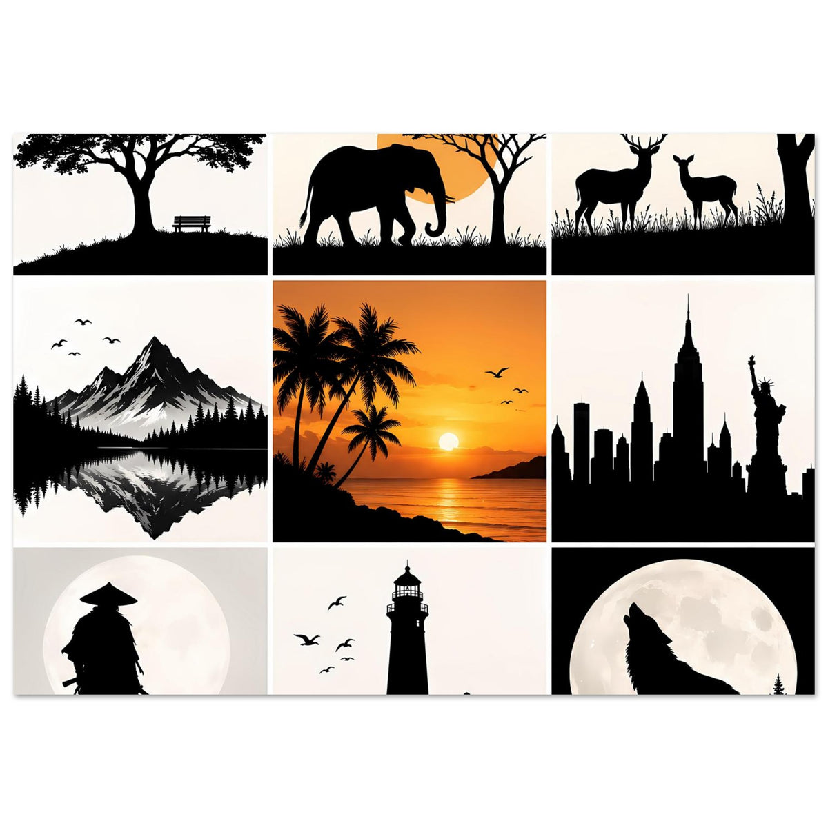 Kunstdruck-Collage: Tiere, Berge, Meer bei Sonnenuntergang, Leuchtturm und Stadt-Skyline