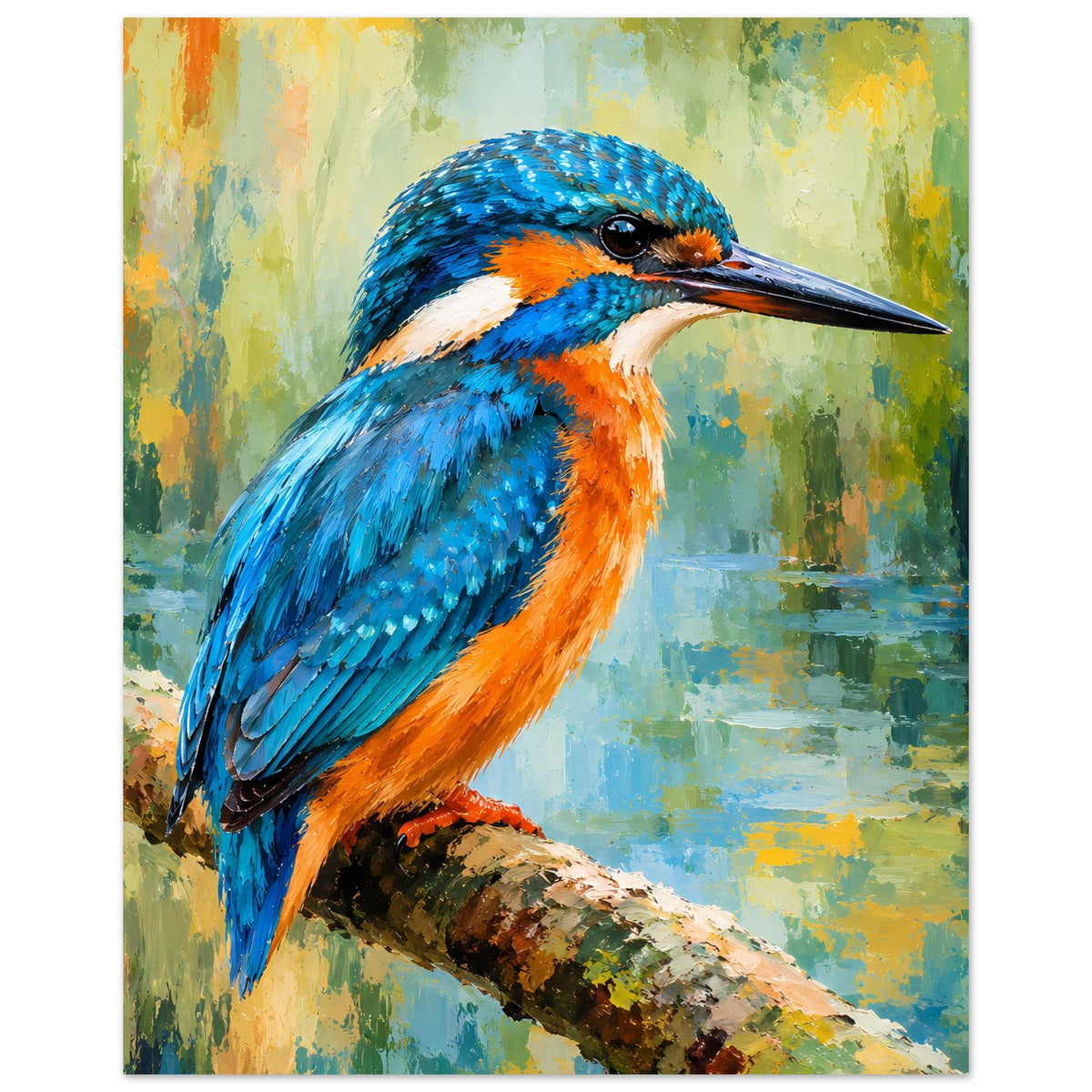 Vogelposter: Eisvogel auf Ast mit blauem Rücken und orangefarbener Kehle, mittlere Distanz