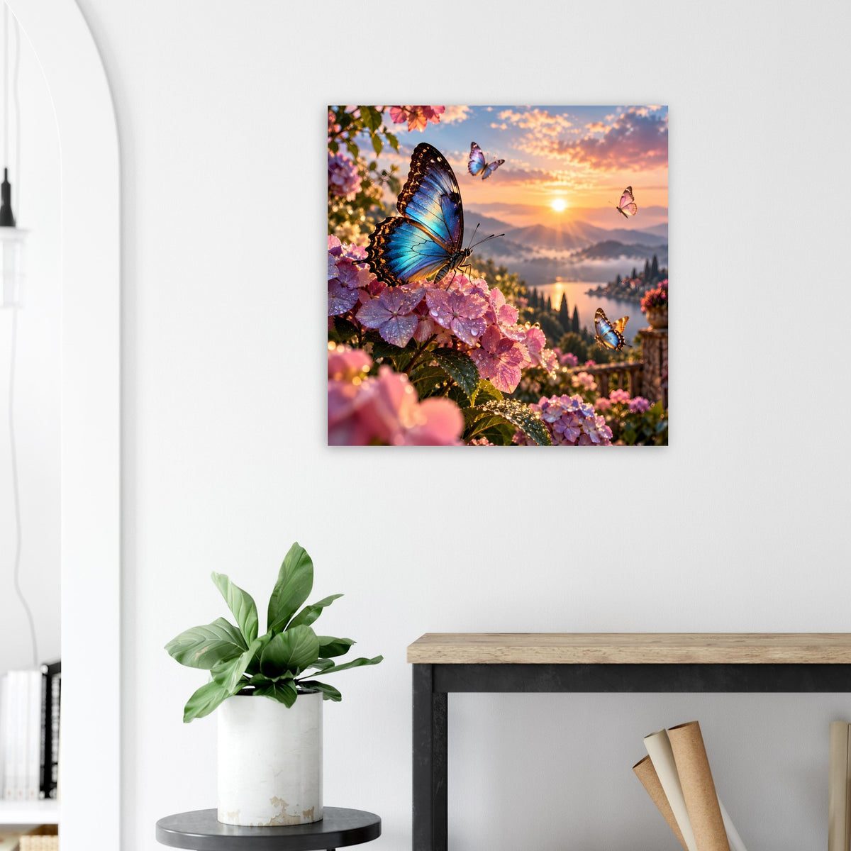 Poster mit blauem Schmetterling auf rosa Blüten im quadratischen Rahmen