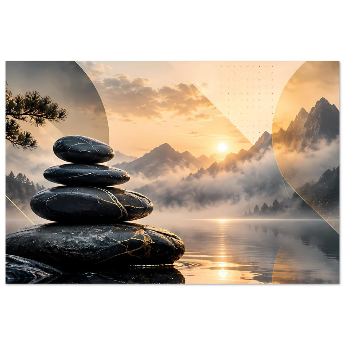 Poster im Querformat mit Zen-Steinen, Nebelbergen und goldenem Sonnenaufgang
