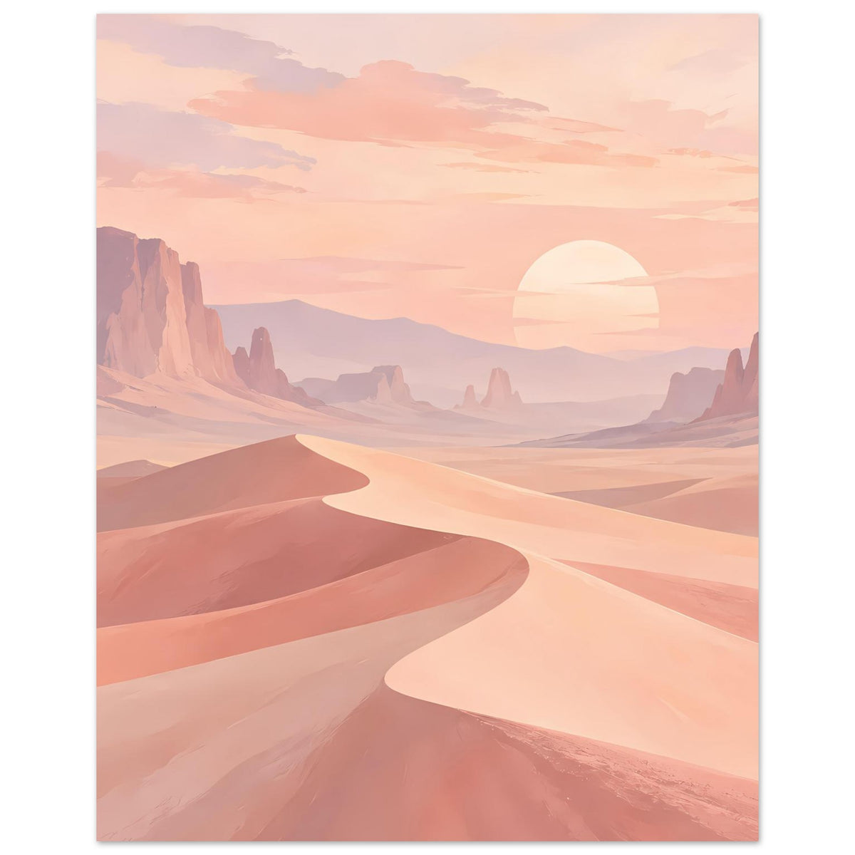 Wandposter: Sanddünenlandschaft mit Felsbergen und halber Sonne, sanfte Pastellfarben